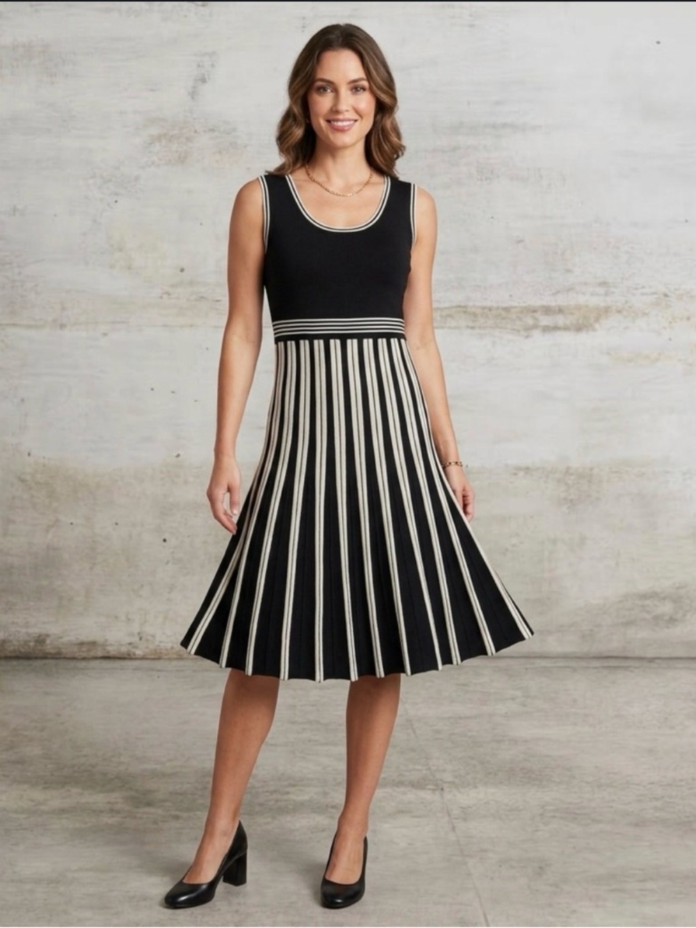Max Edition Black and Cream Striped Midi Dress